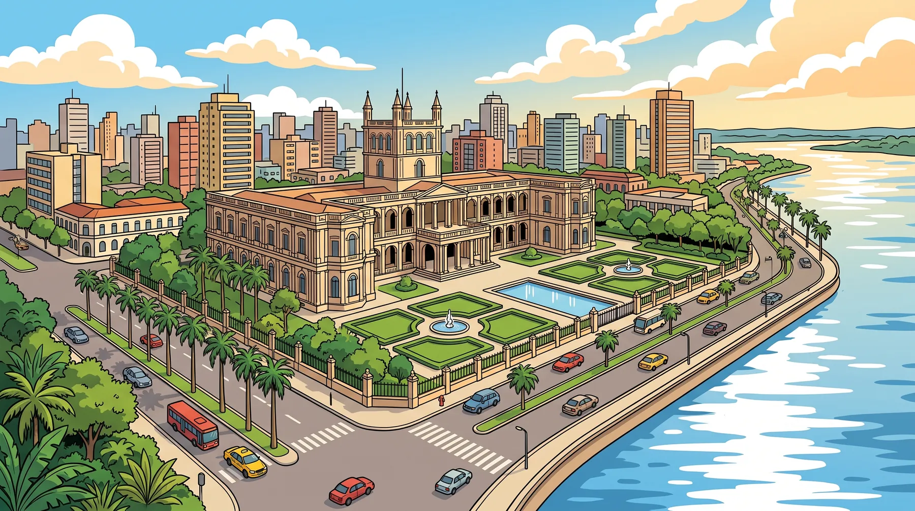 Ilustración aérea del Palacio de los López y la costanera de Asunción